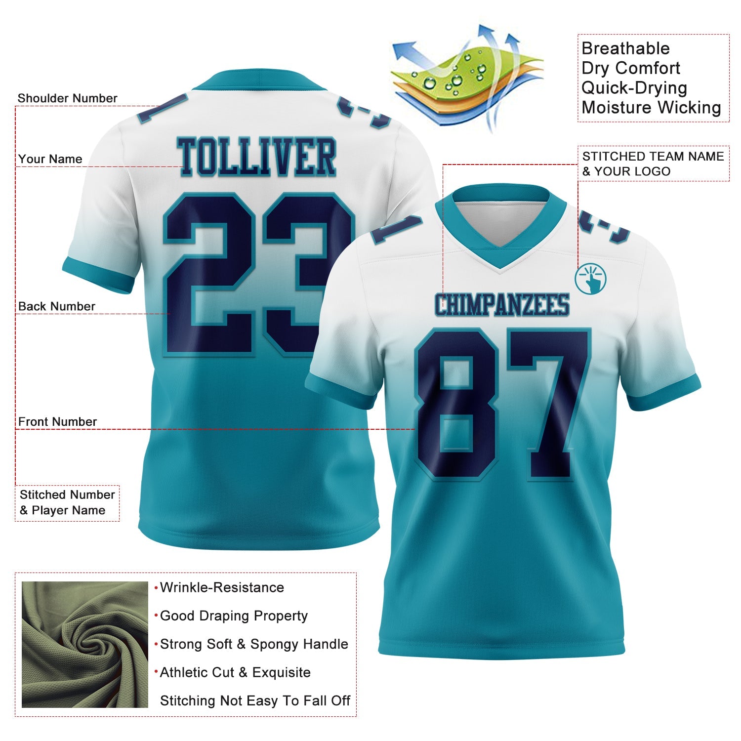 Custom White Navy-Teal Authentic Fade Fashion Football Jersey
