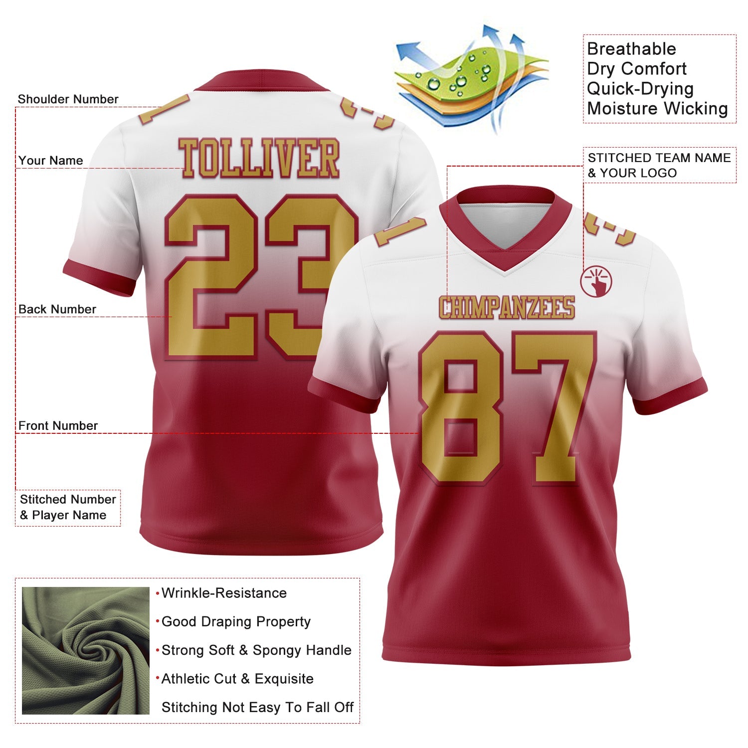 Custom White Old Gold-Cardinal Authentic Fade Fashion Football Jersey