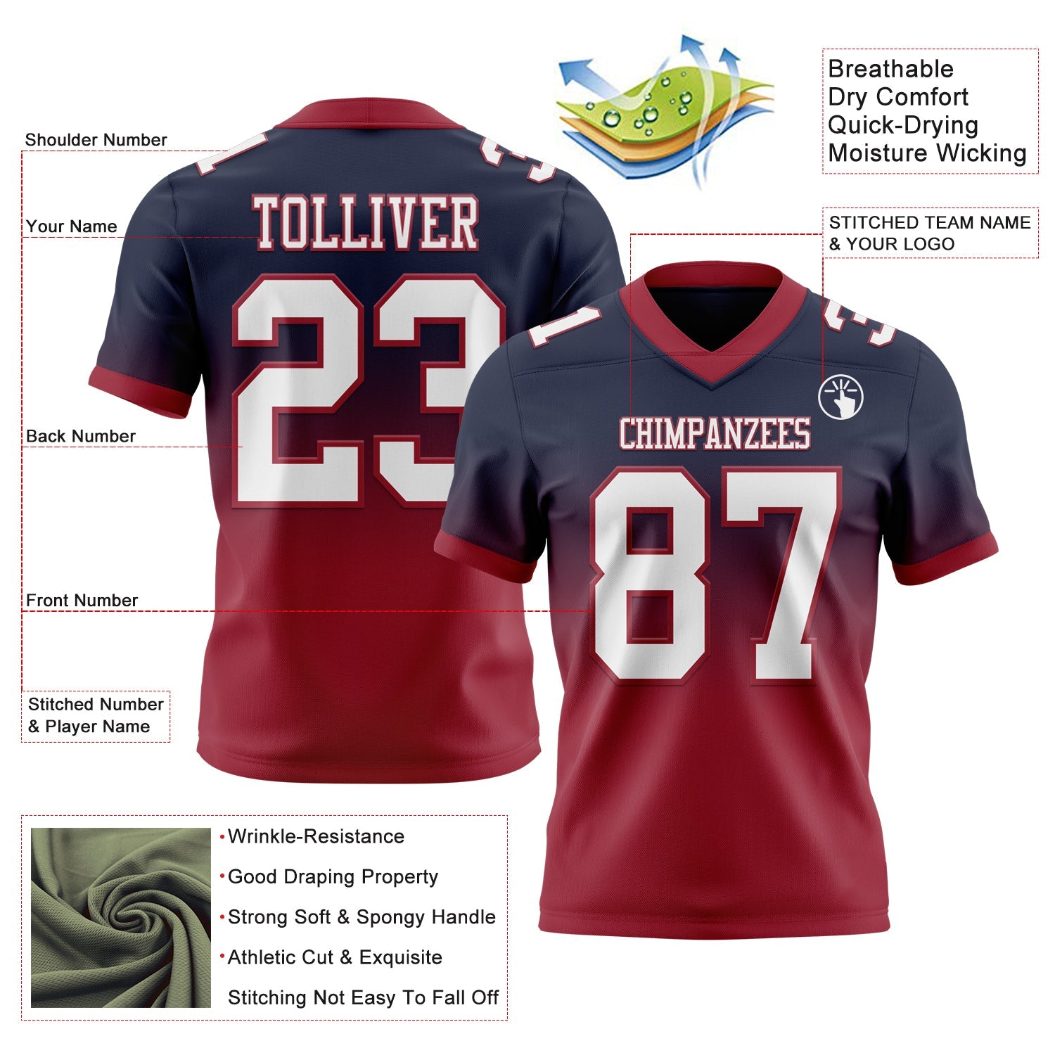 Custom Navy White-Cardinal Authentic Fade Fashion Football Jersey