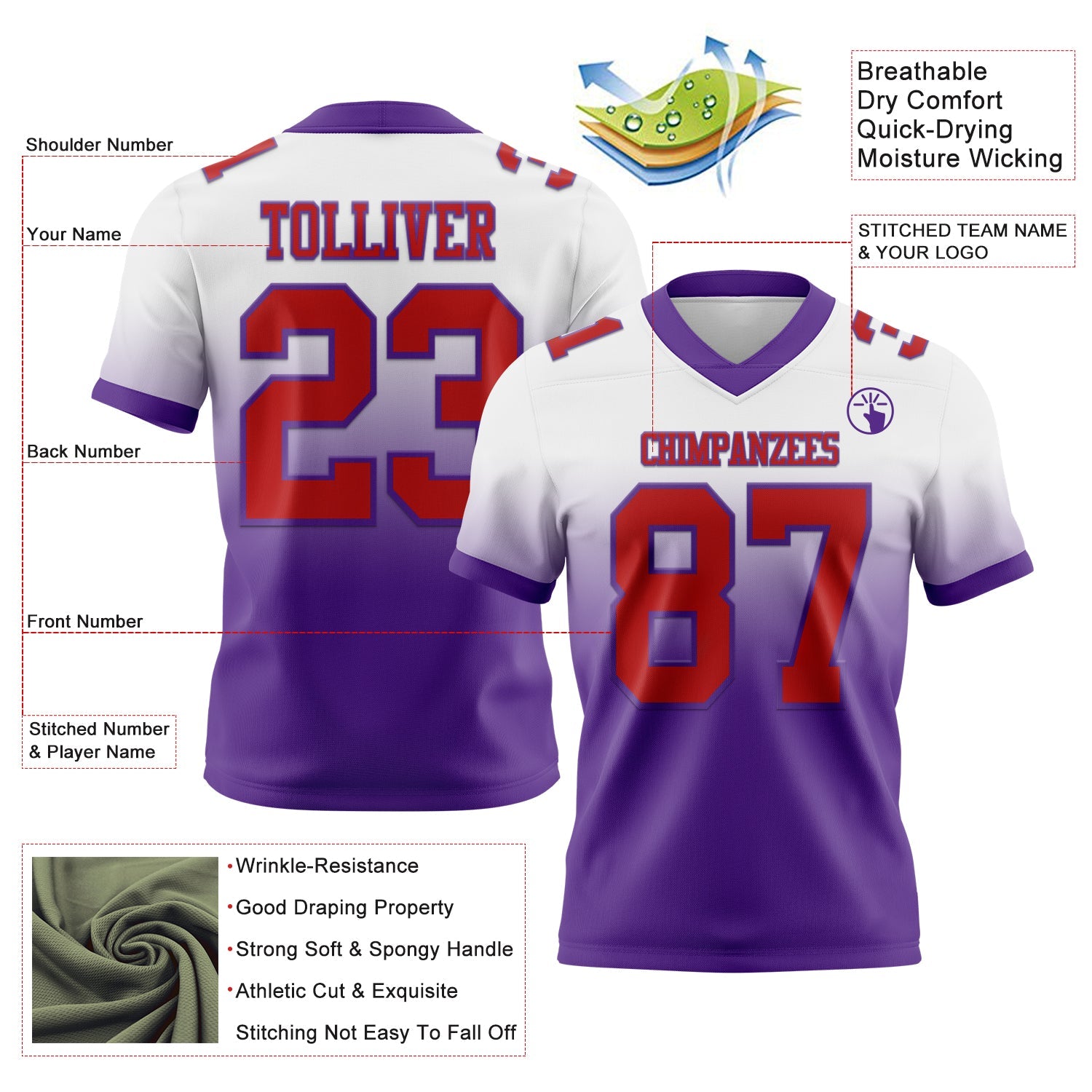Custom White Red-Purple Authentic Fade Fashion Football Jersey