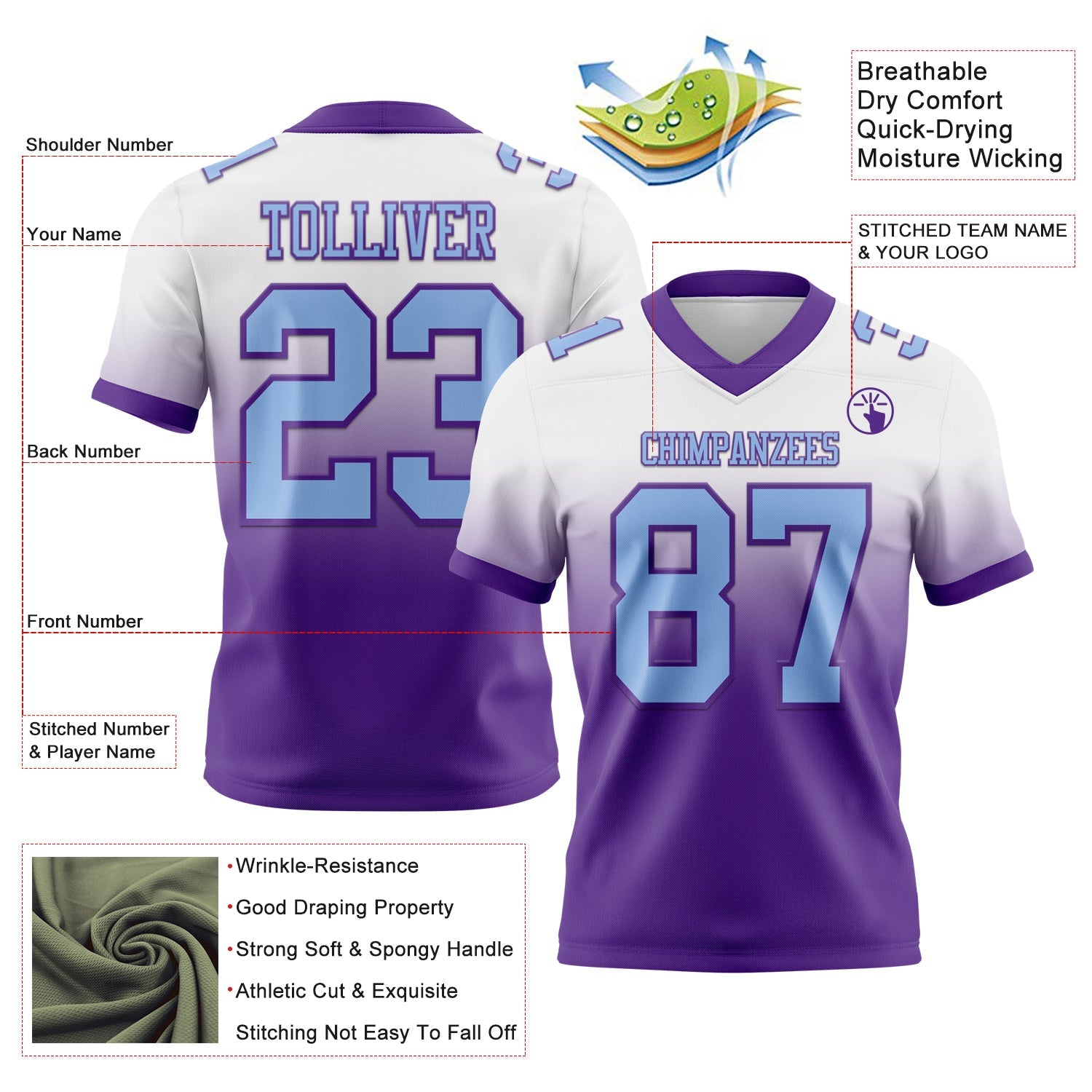Custom White Light Blue-Purple Authentic Fade Fashion Football Jersey