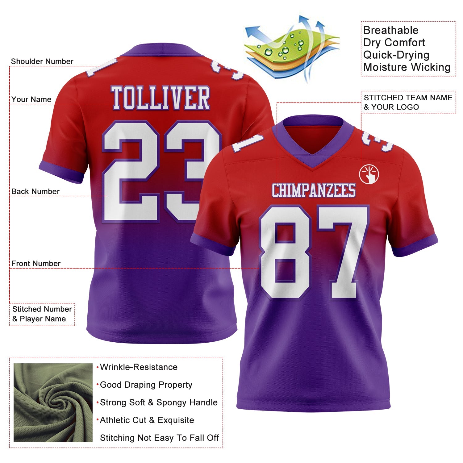 Custom Red White-Purple Authentic Fade Fashion Football Jersey