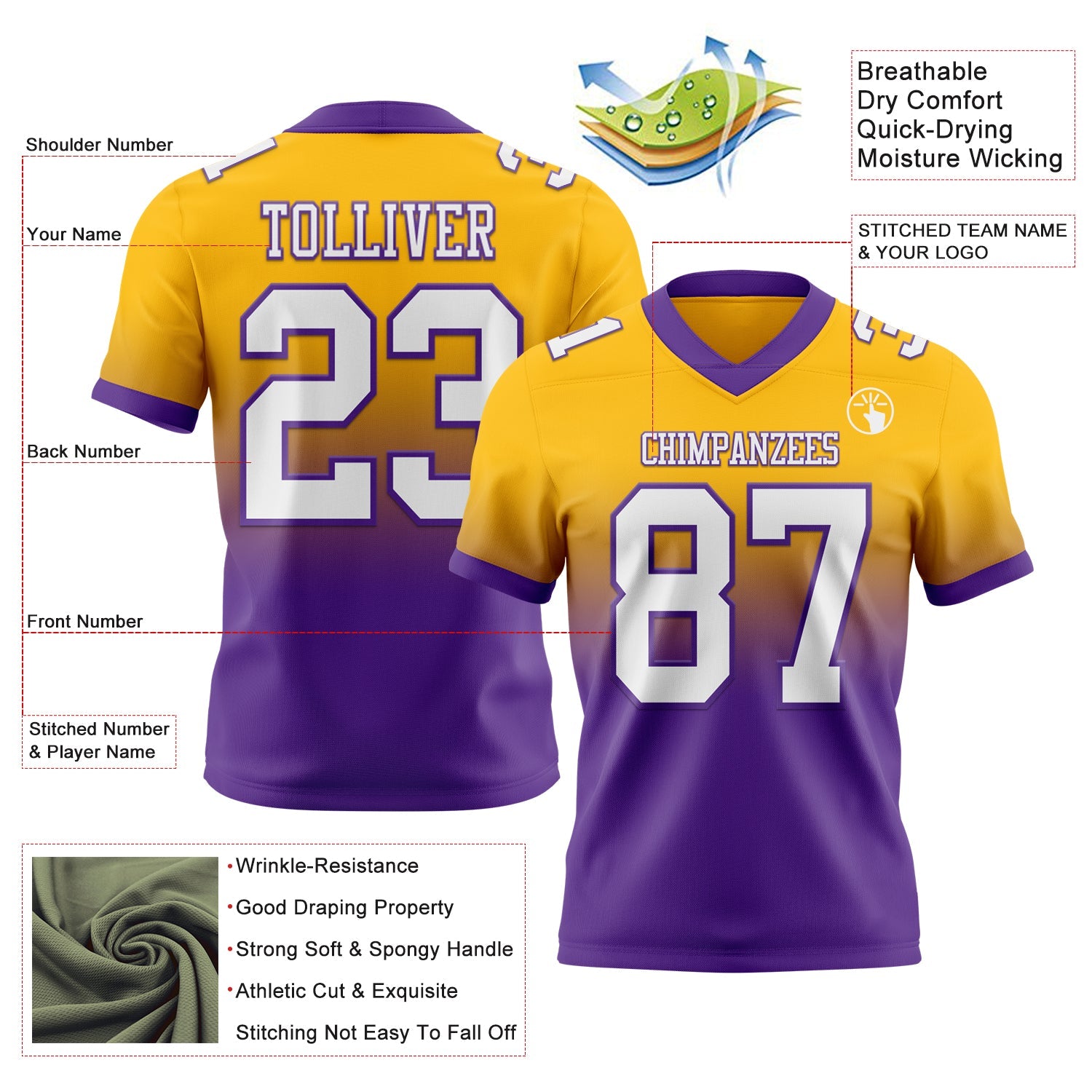 Custom Gold White-Purple Authentic Fade Fashion Football Jersey