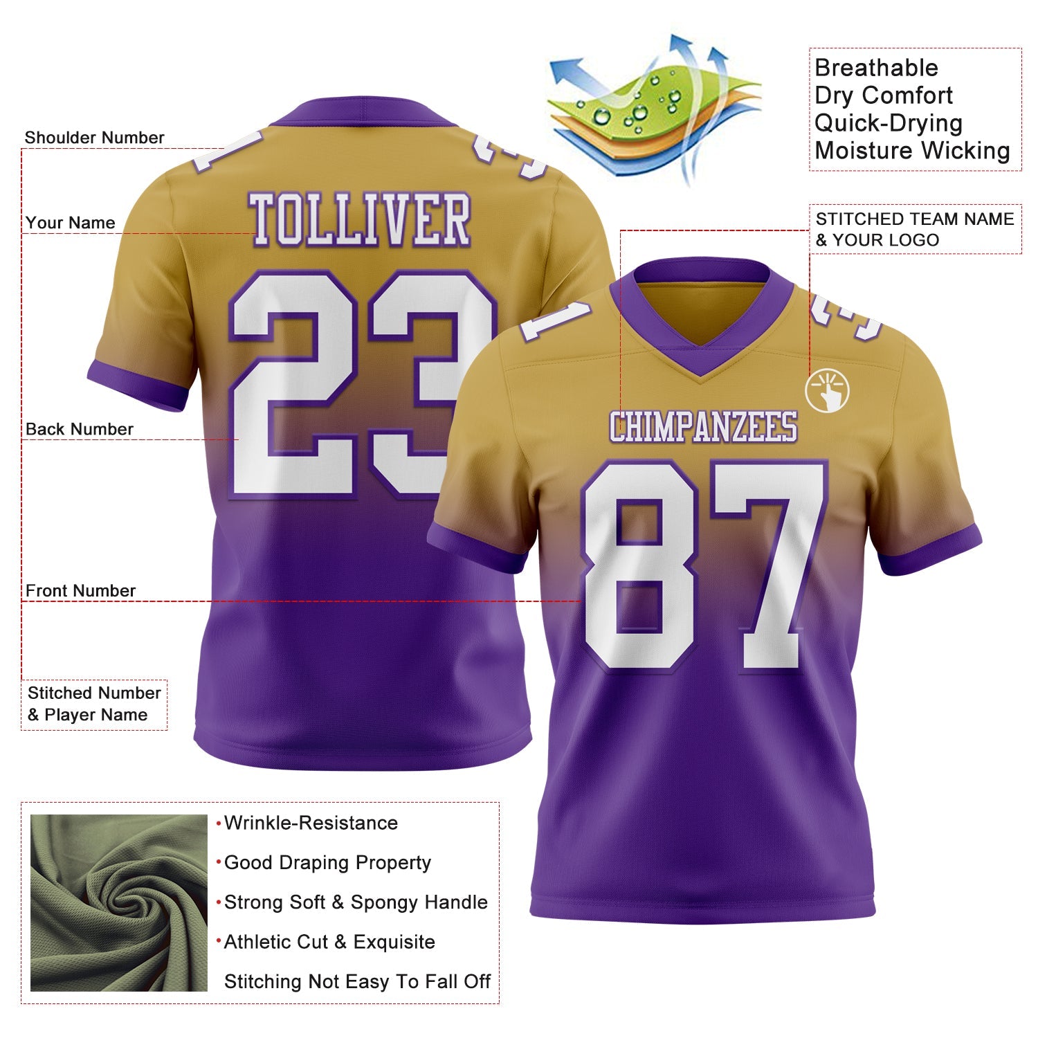 Custom Old Gold White-Purple Authentic Fade Fashion Football Jersey