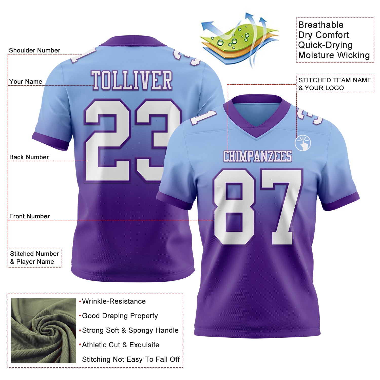 Custom Light Blue White-Purple Authentic Fade Fashion Football Jersey
