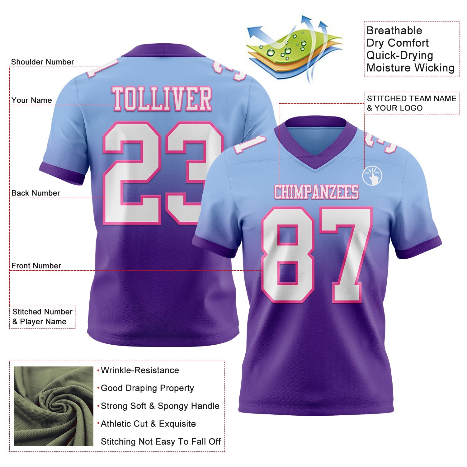 Custom Light Blue White Purple-Pink Authentic Fade Fashion Football Jersey