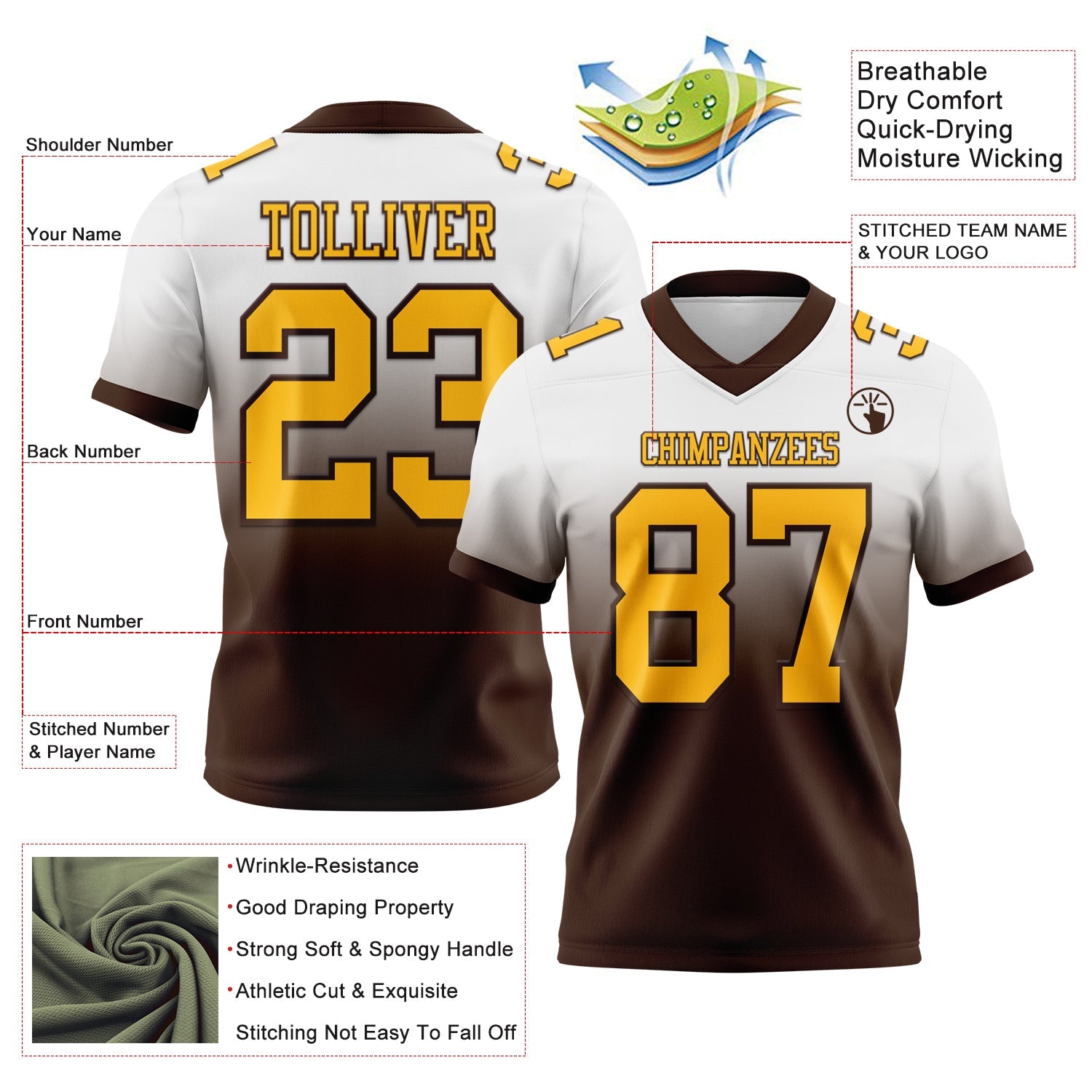 Custom White Gold-Brown Authentic Fade Fashion Football Jersey