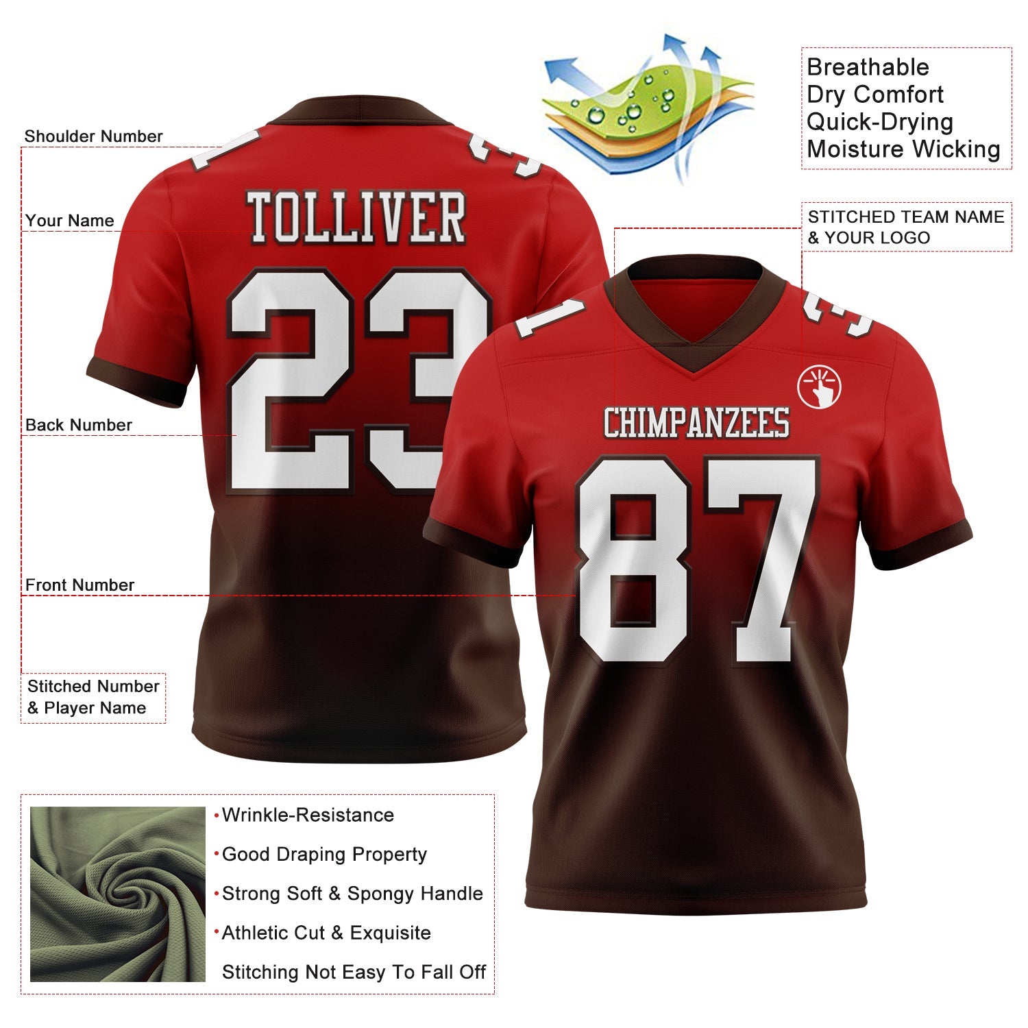 Custom Red White-Brown Authentic Fade Fashion Football Jersey