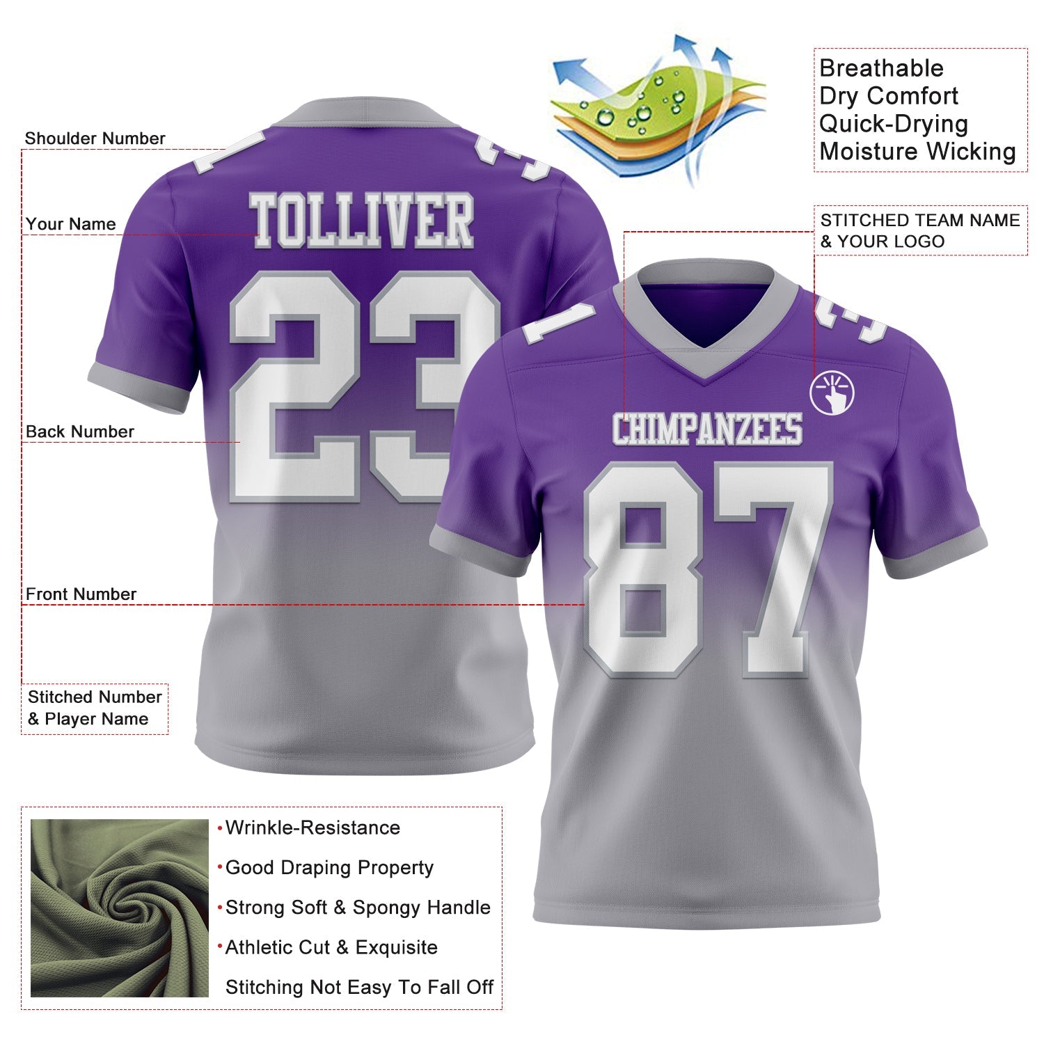 Custom Purple White-Gray Authentic Fade Fashion Football Jersey