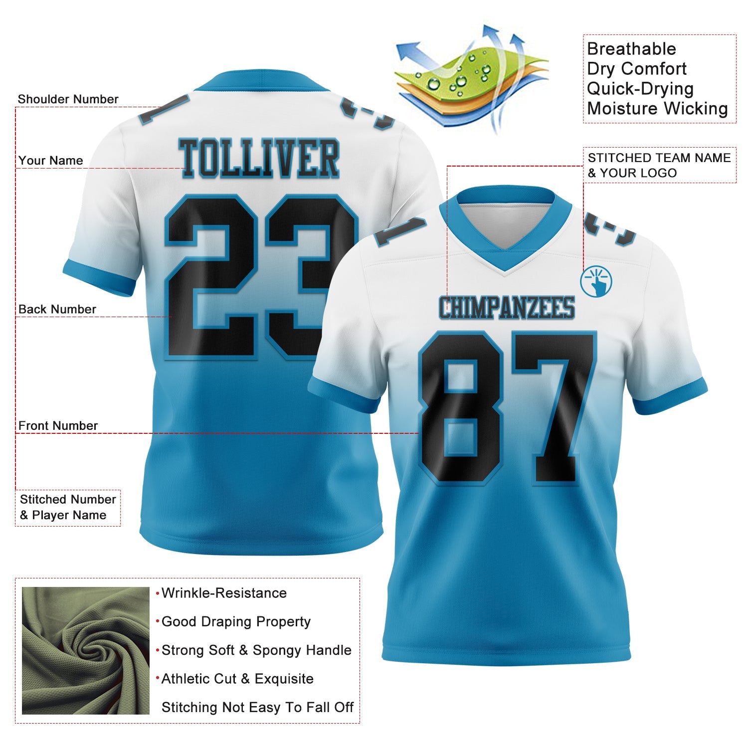 Custom White Black-Panther Blue Authentic Fade Fashion Football Jersey