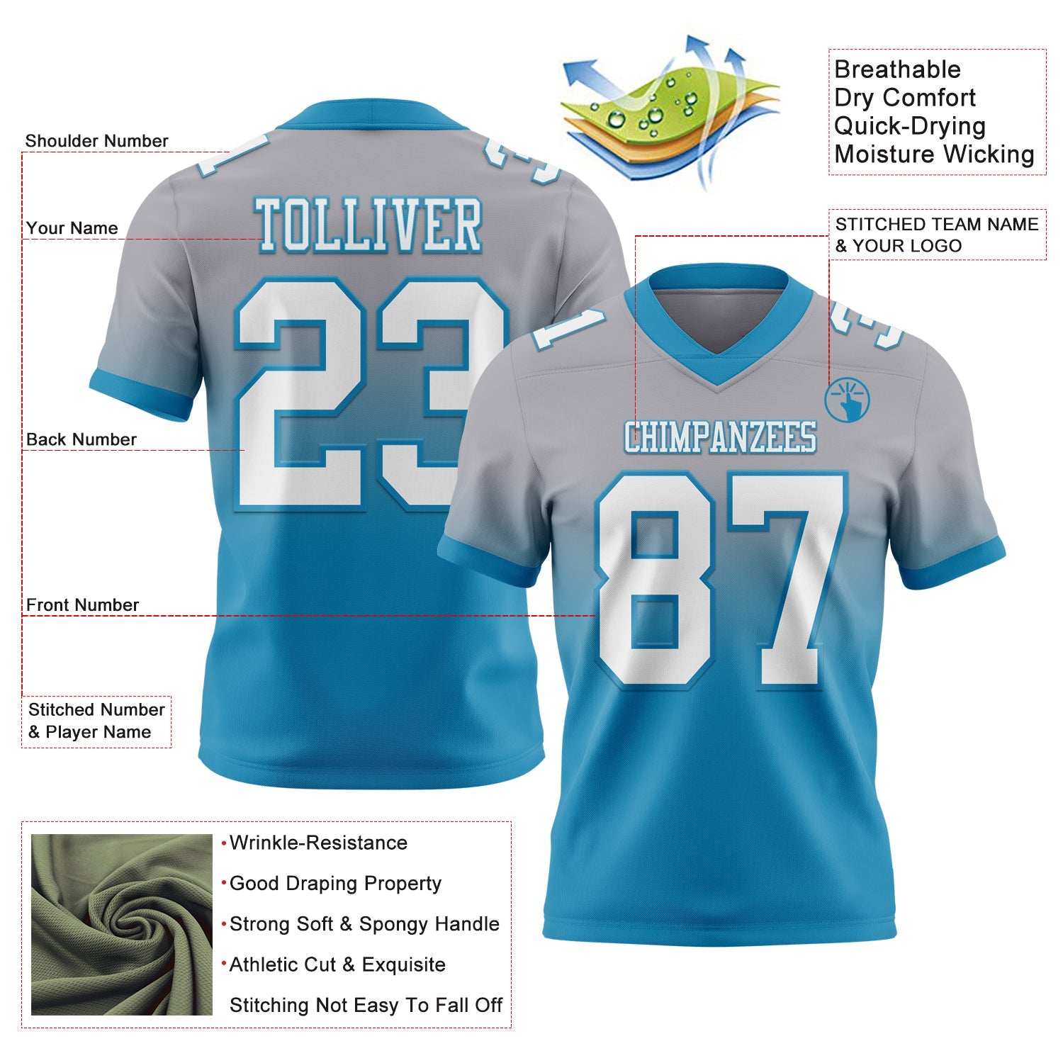 Custom Gray White-Panther Blue Authentic Fade Fashion Football Jersey