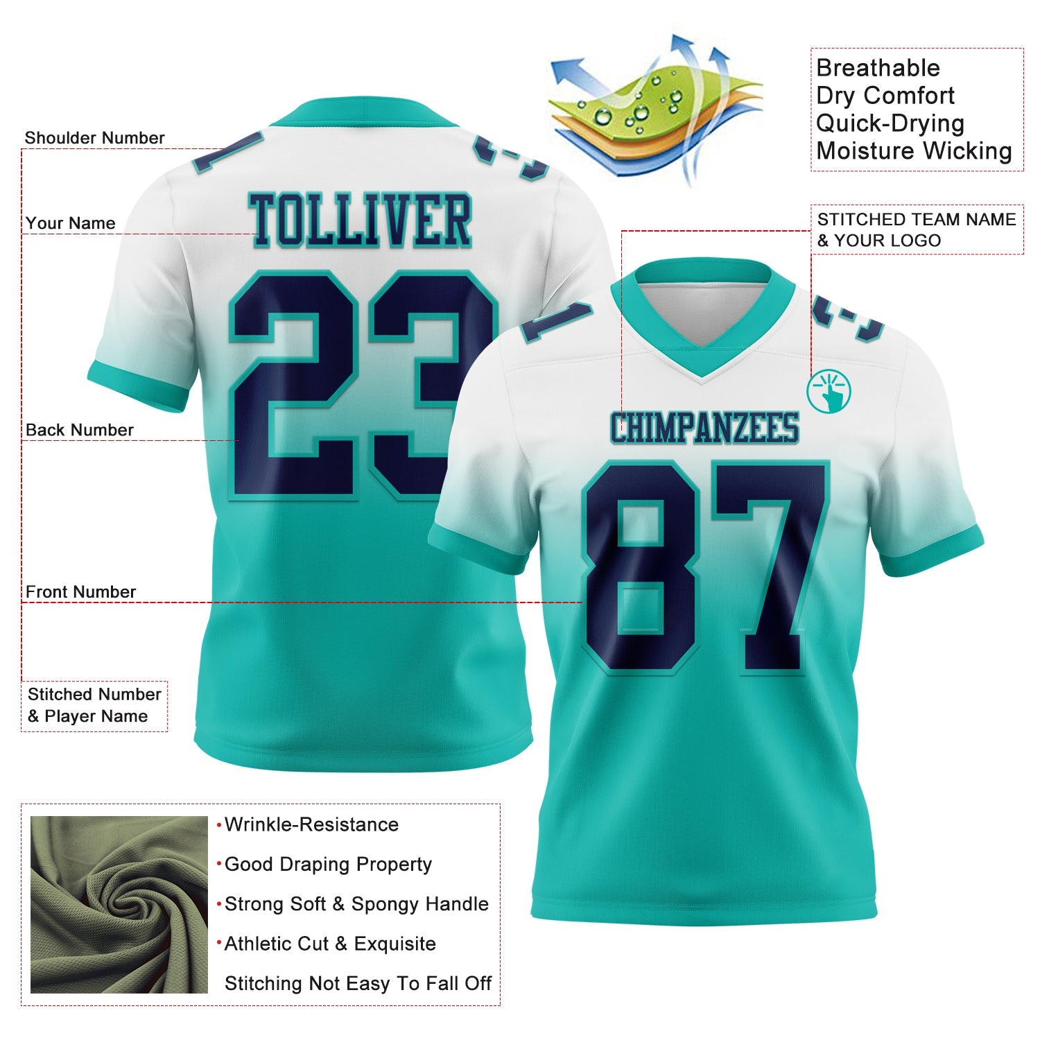 Custom White Navy-Aqua Authentic Fade Fashion Football Jersey