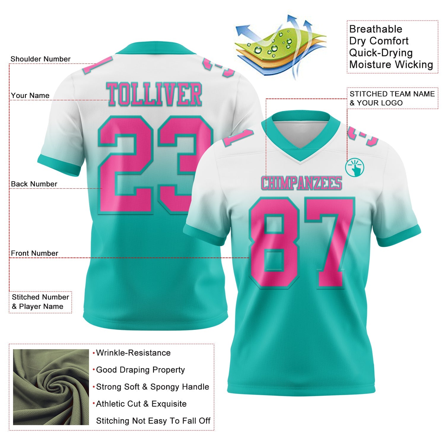 Custom White Pink-Aqua Authentic Fade Fashion Football Jersey