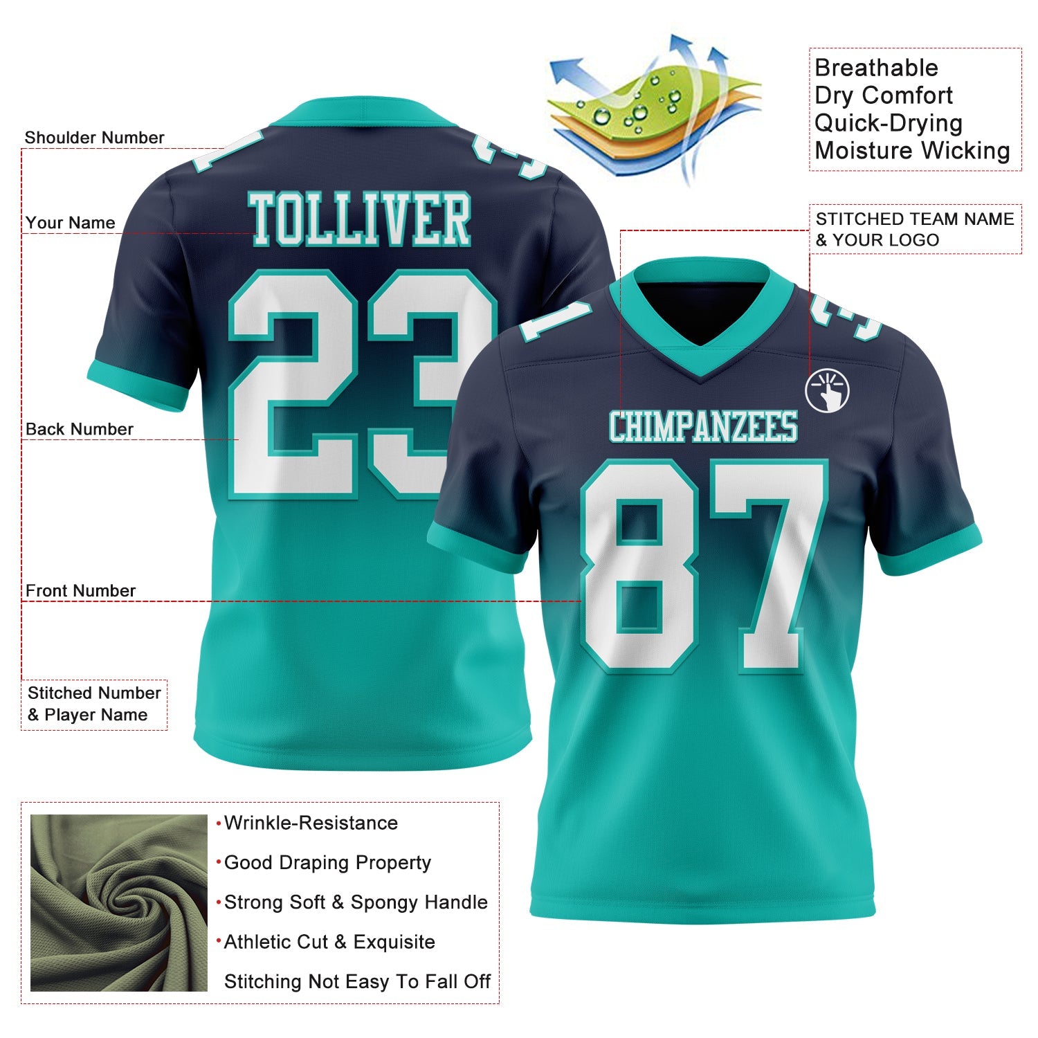 Custom Navy White-Aqua Authentic Fade Fashion Football Jersey