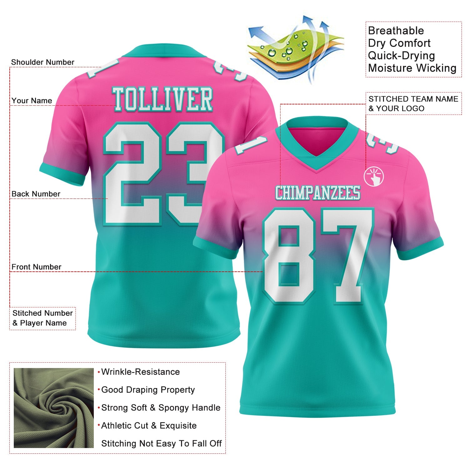 Custom Pink White-Aqua Authentic Fade Fashion Football Jersey