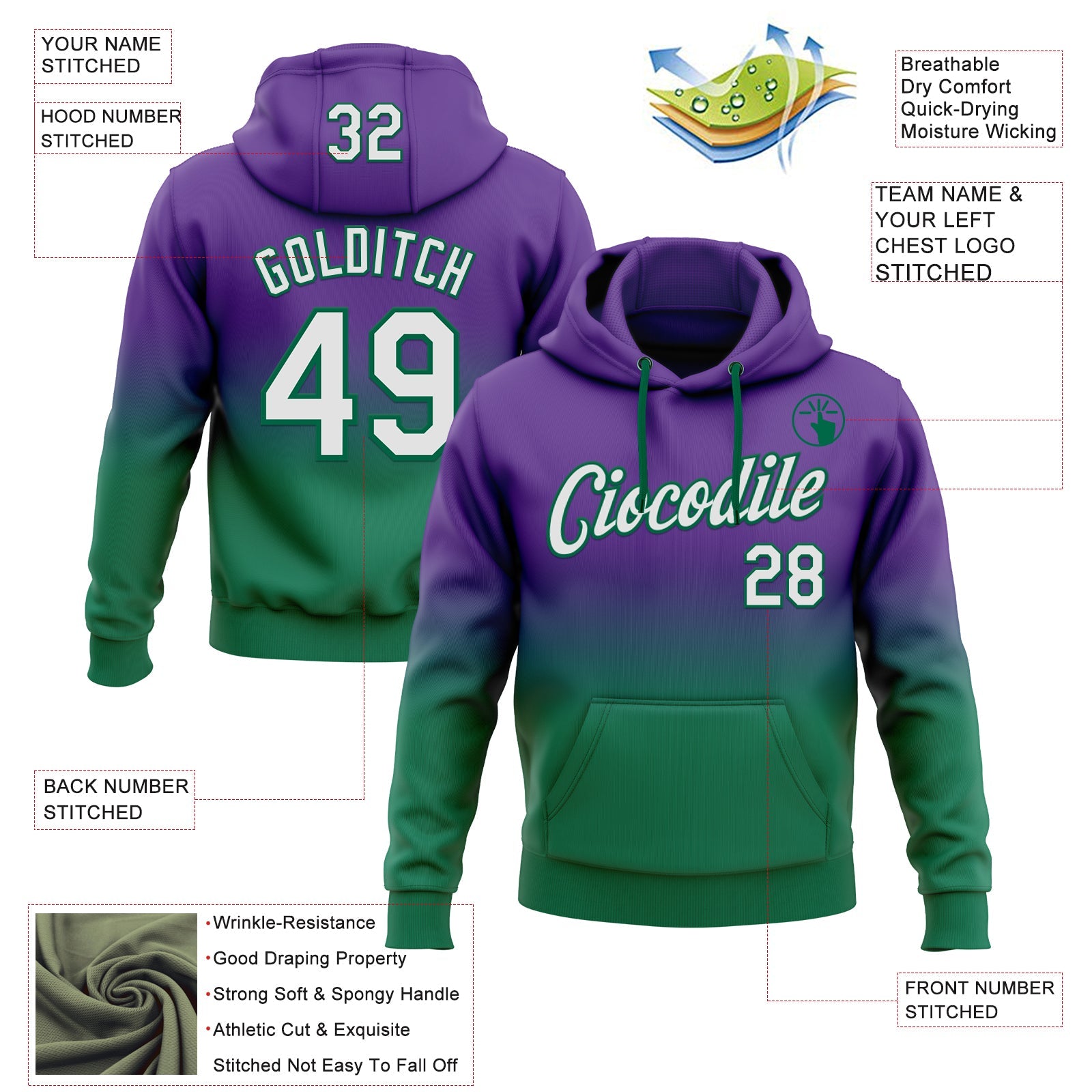Custom Stitched Purple White-Kelly Green Fade Fashion Sports Pullover Sweatshirt Hoodie