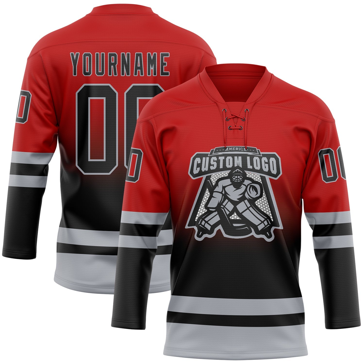 Custom Red Black-Gray Fade Fashion Hockey Lace Neck Jersey
