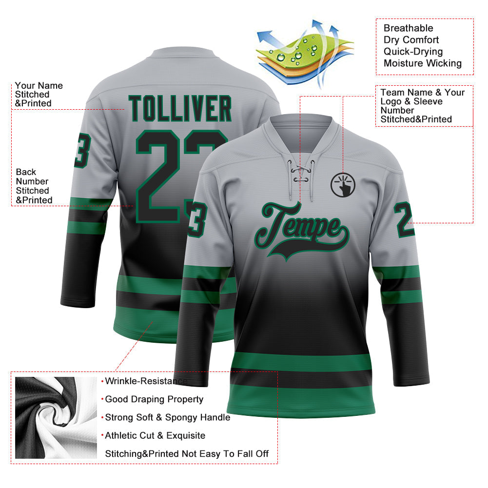 Custom Gray Black-Kelly Green Fade Fashion Hockey Lace Neck Jersey