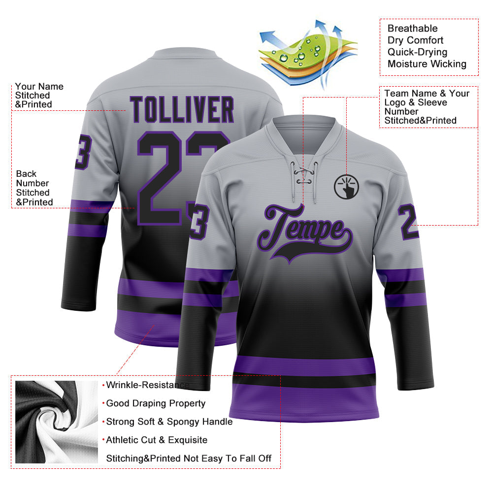 Custom Gray Black-Purple Fade Fashion Hockey Lace Neck Jersey