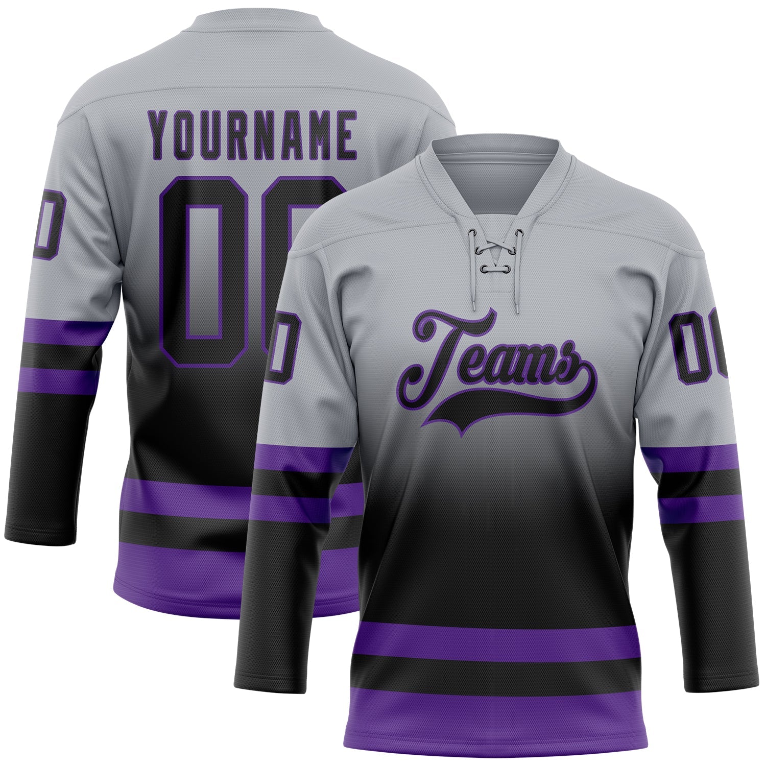 Custom Gray Black-Purple Fade Fashion Hockey Lace Neck Jersey