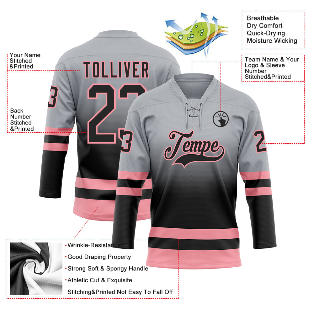 Custom Gray Black-Medium Pink Fade Fashion Hockey Lace Neck Jersey