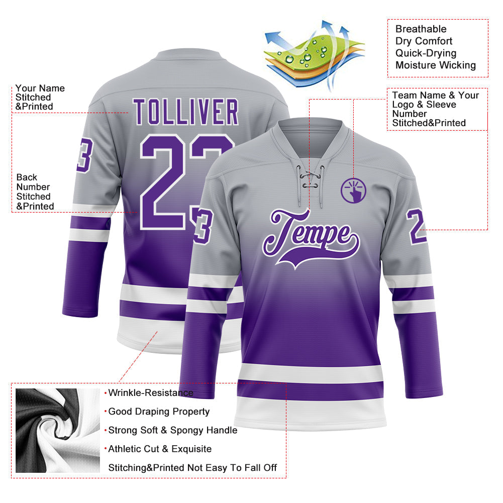 Custom Gray Purple-White Fade Fashion Hockey Lace Neck Jersey