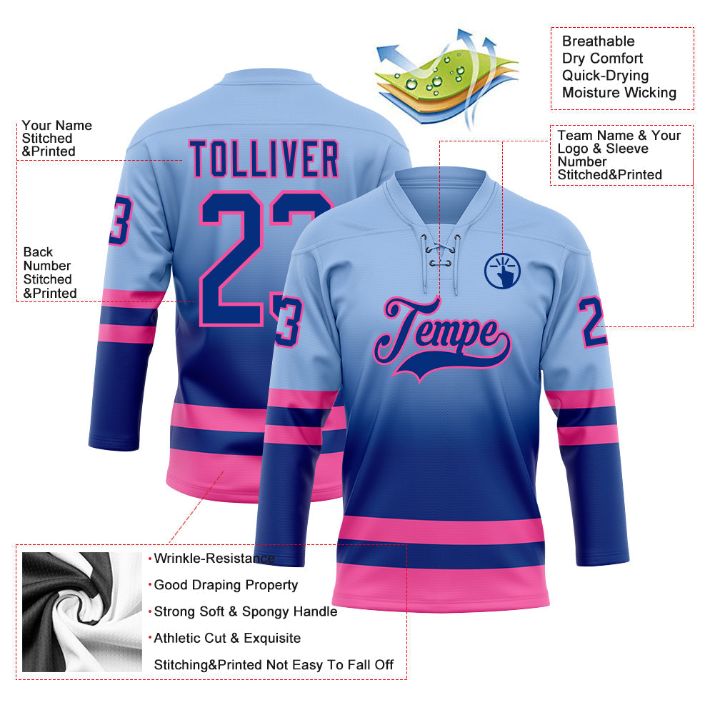 Custom Light Blue Royal-Pink Fade Fashion Hockey Lace Neck Jersey