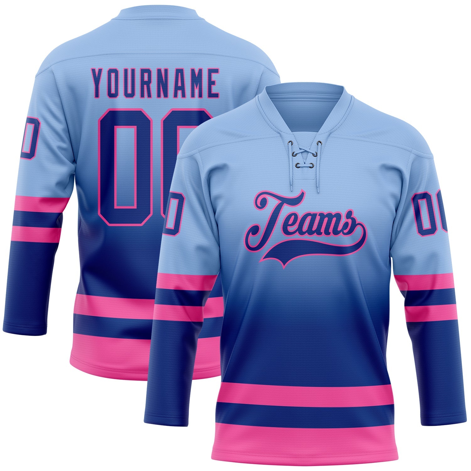 Custom Light Blue Royal-Pink Fade Fashion Hockey Lace Neck Jersey