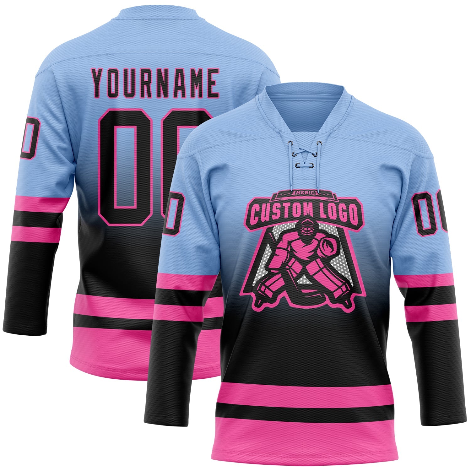 Custom Light Blue Black-Pink Fade Fashion Hockey Lace Neck Jersey