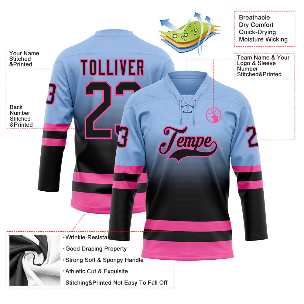 Custom Light Blue Black-Pink Fade Fashion Hockey Lace Neck Jersey