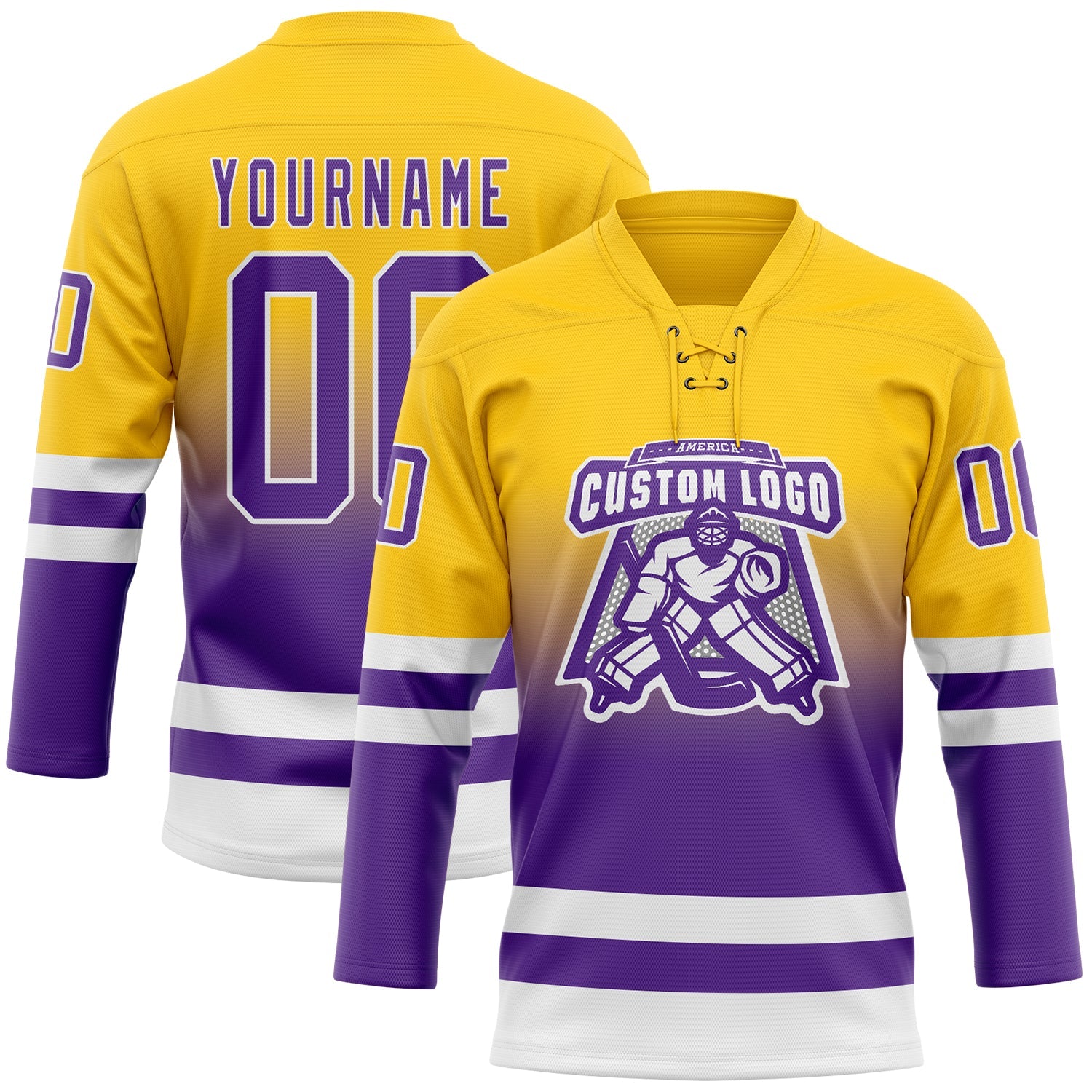 Custom Yellow Purple-White Fade Fashion Hockey Lace Neck Jersey