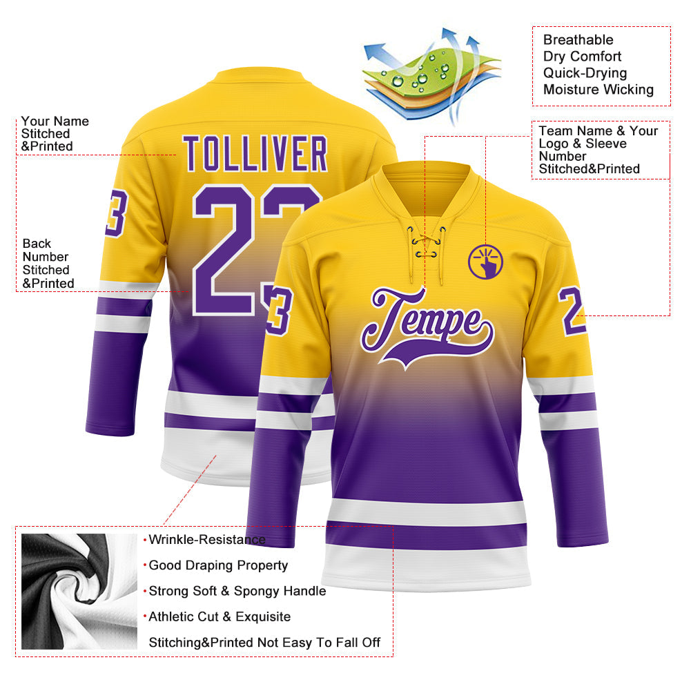 Custom Yellow Purple-White Fade Fashion Hockey Lace Neck Jersey