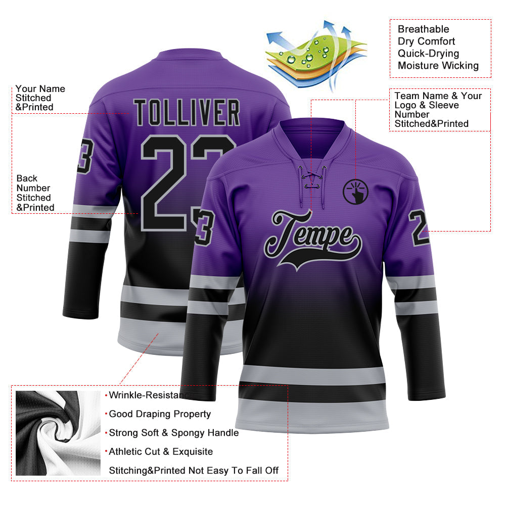 Custom Purple Black-Gray Fade Fashion Hockey Lace Neck Jersey