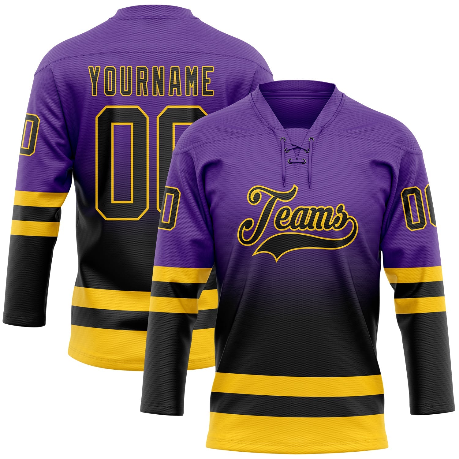Custom Purple Black-Yellow Fade Fashion Hockey Lace Neck Jersey