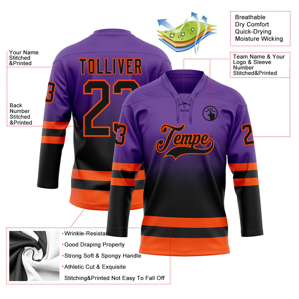Custom Purple Black-Orange Fade Fashion Hockey Lace Neck Jersey