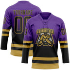 Custom Purple Black-Old Gold Fade Fashion Hockey Lace Neck Jersey