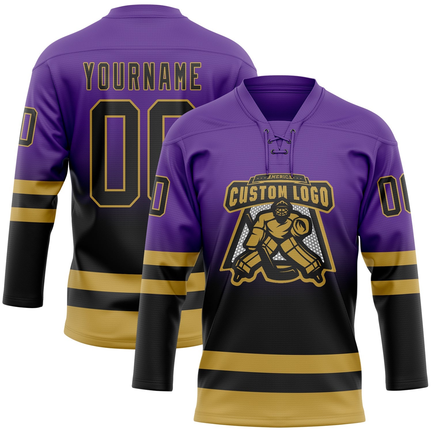 Custom Purple Black-Old Gold Fade Fashion Hockey Lace Neck Jersey
