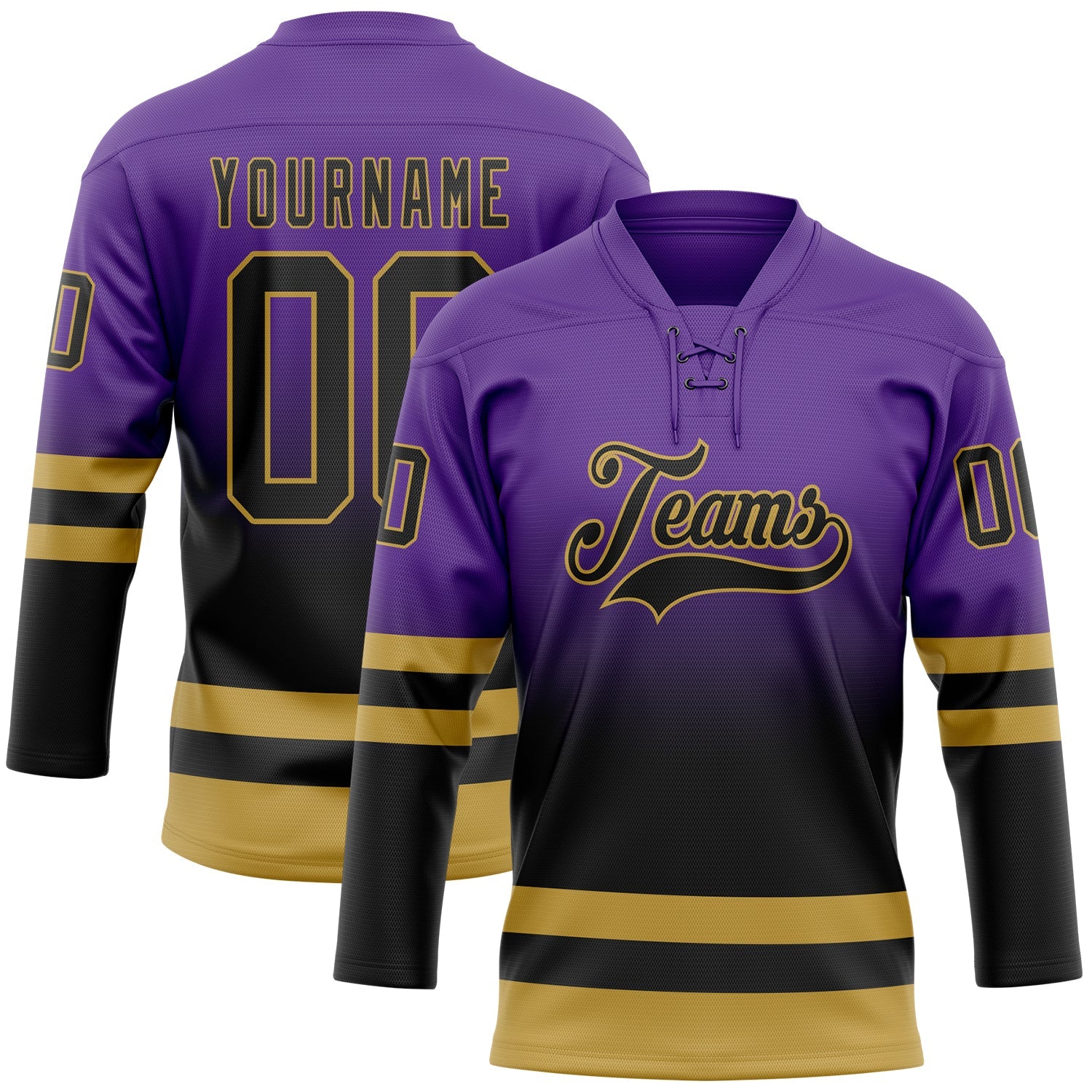 Custom Purple Black-Old Gold Fade Fashion Hockey Lace Neck Jersey
