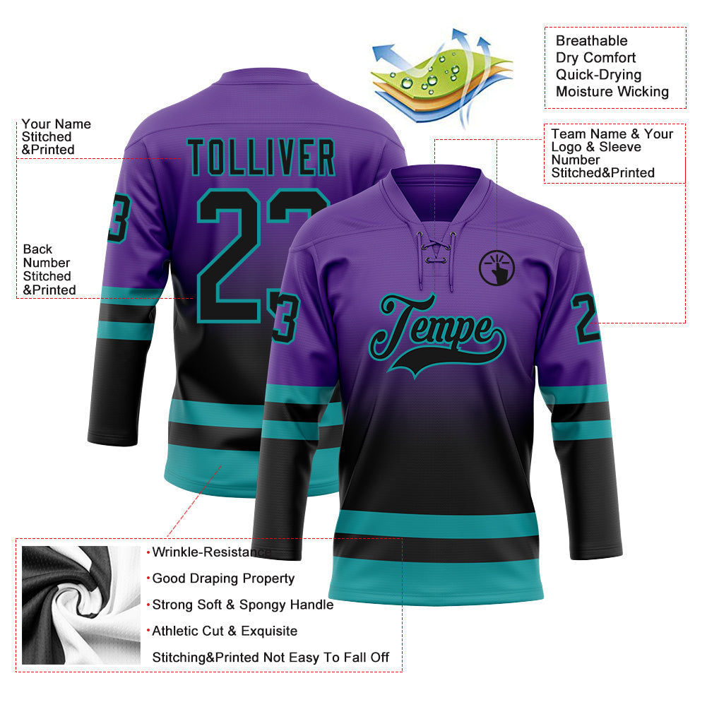 Custom Purple Black-Teal Fade Fashion Hockey Lace Neck Jersey