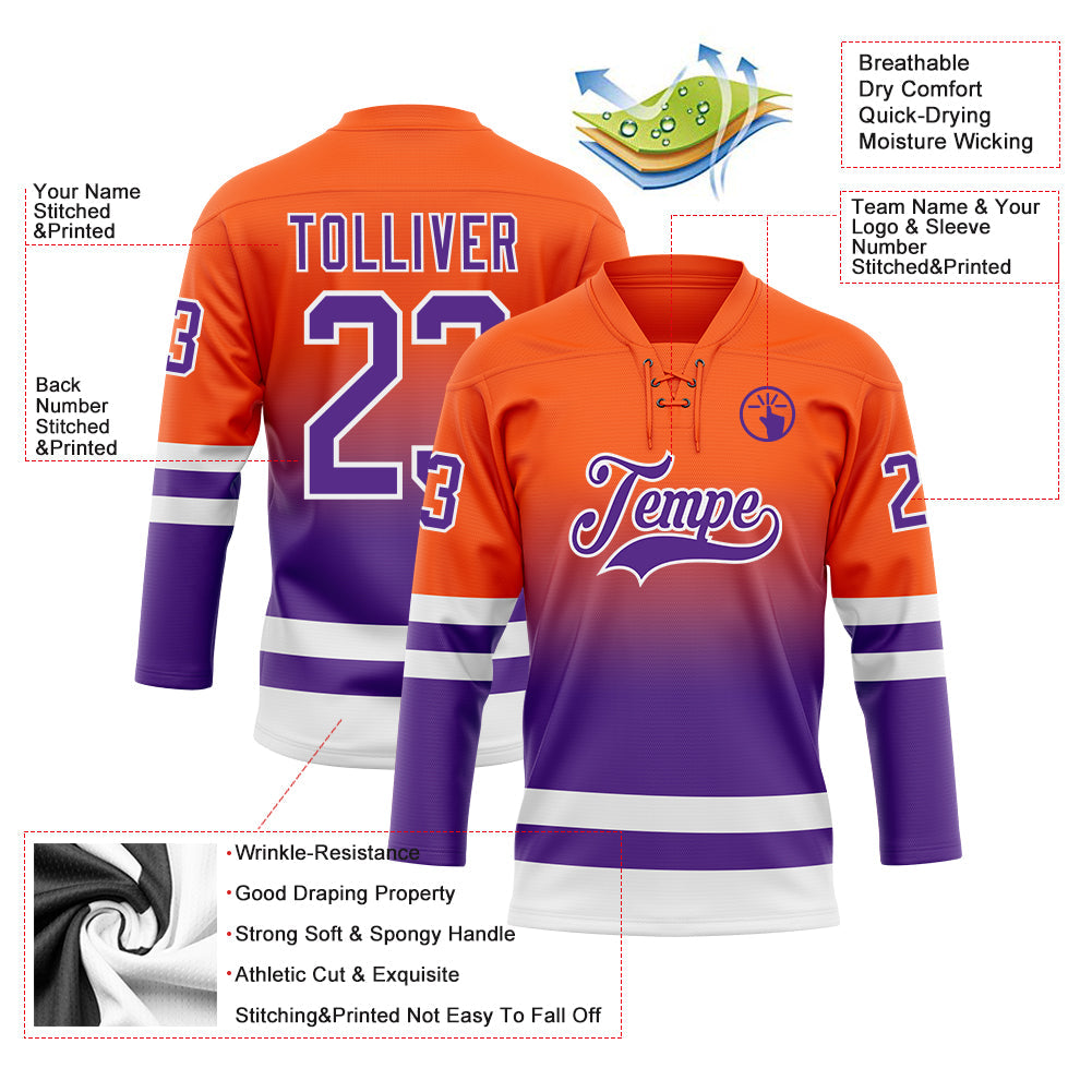 Custom Orange Purple-White Fade Fashion Hockey Lace Neck Jersey