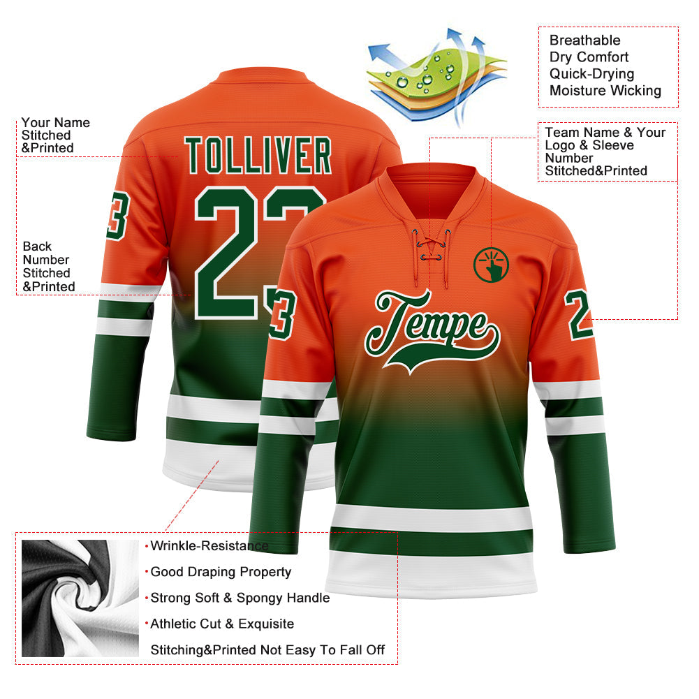 Custom Orange Green-White Fade Fashion Hockey Lace Neck Jersey