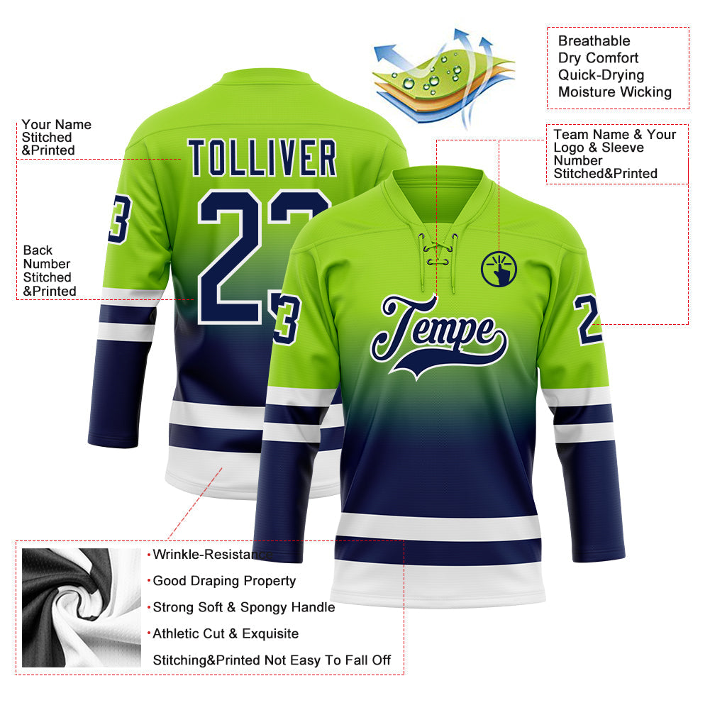 Custom Neon Green Navy-White Fade Fashion Hockey Lace Neck Jersey