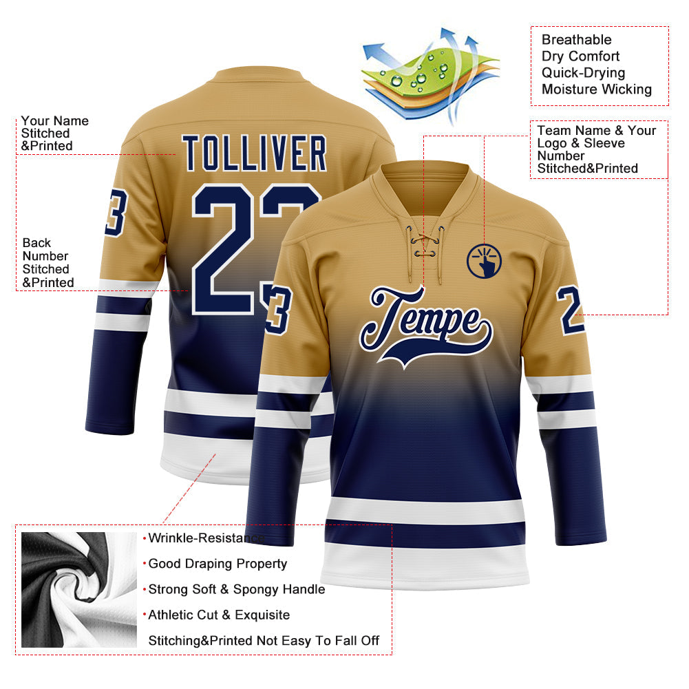 Custom Old Gold Navy-White Fade Fashion Hockey Lace Neck Jersey
