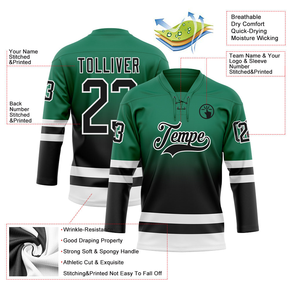 Custom Kelly Green Black-White Fade Fashion Hockey Lace Neck Jersey