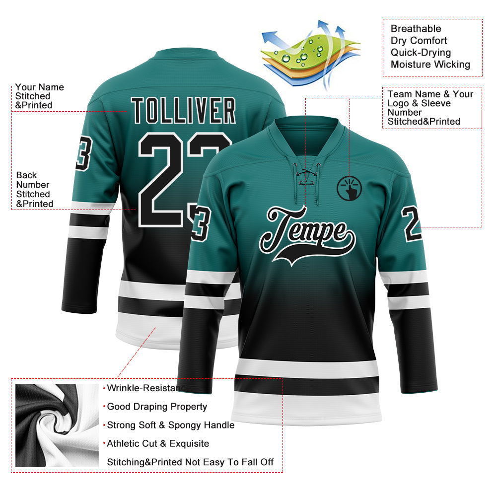 Custom Teal Black-White Fade Fashion Hockey Lace Neck Jersey