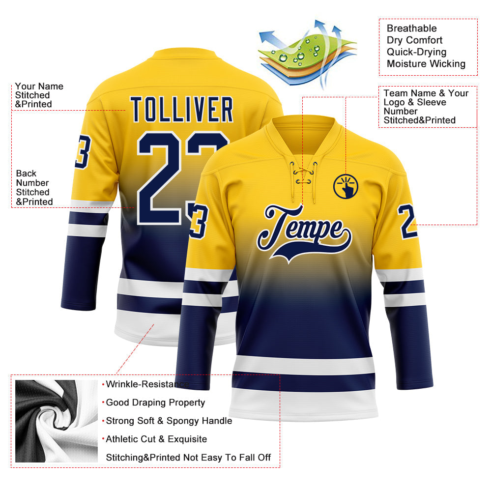 Custom Yellow Navy-White Fade Fashion Hockey Lace Neck Jersey