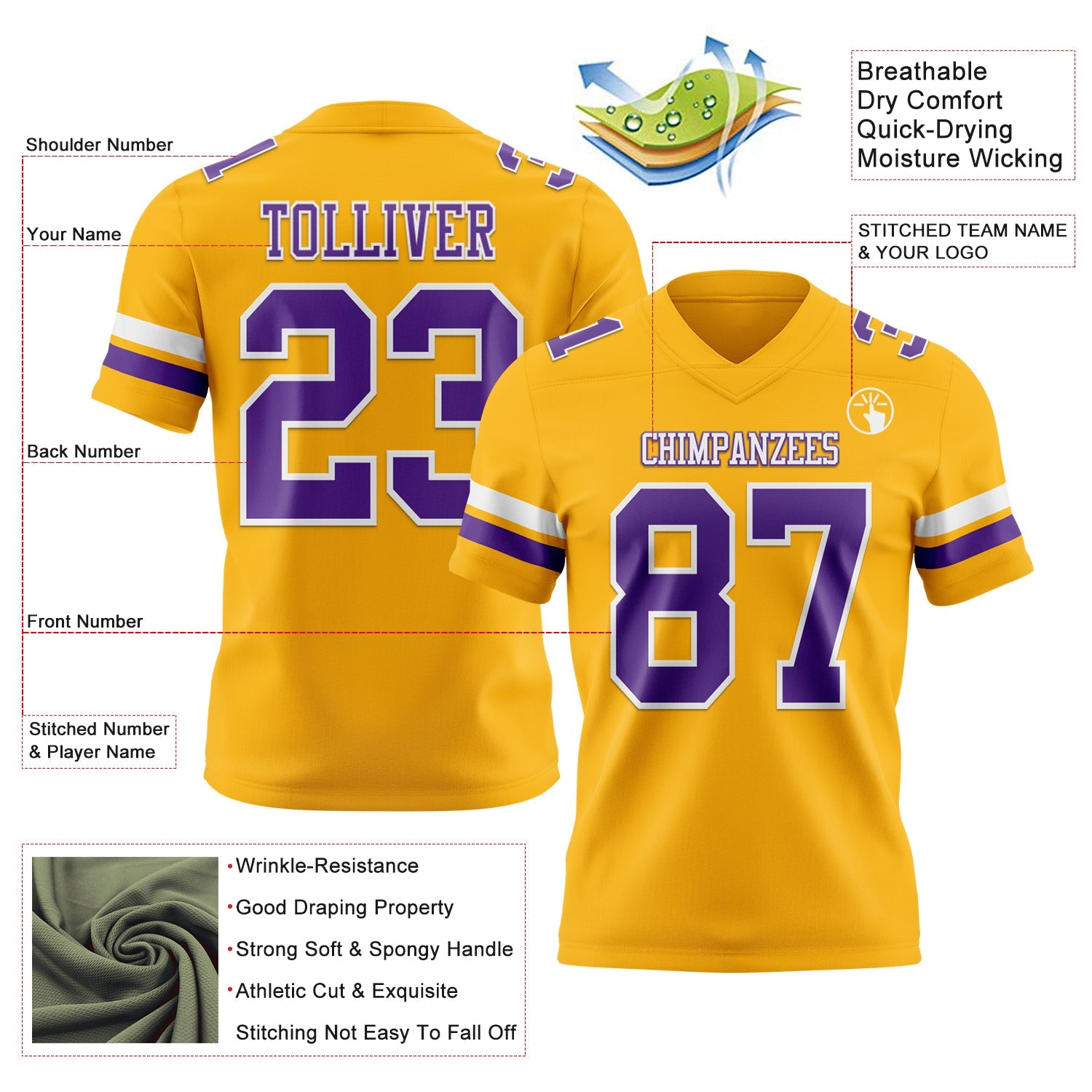 Custom Gold Purple-White Authentic Football Jersey