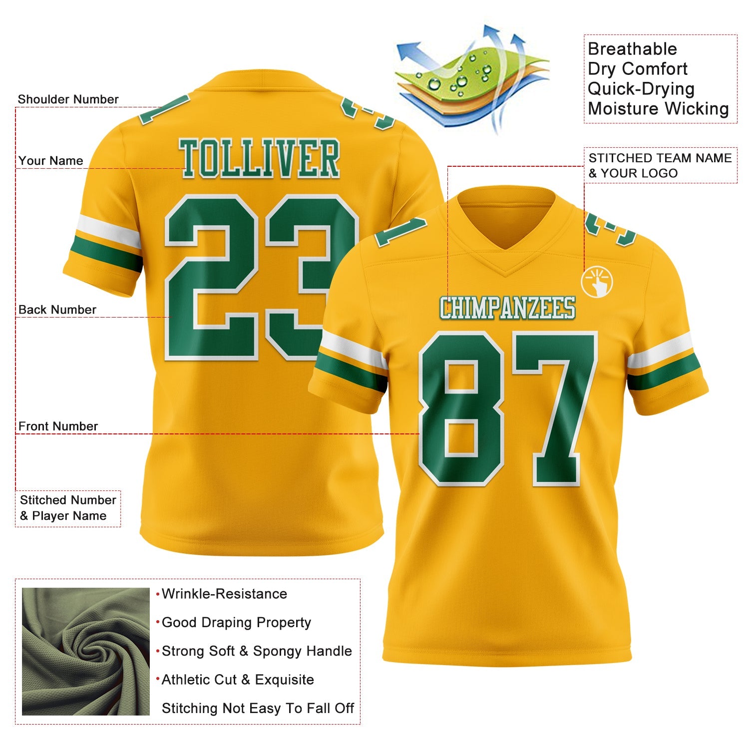 Custom Gold Kelly Green-White Authentic Football Jersey