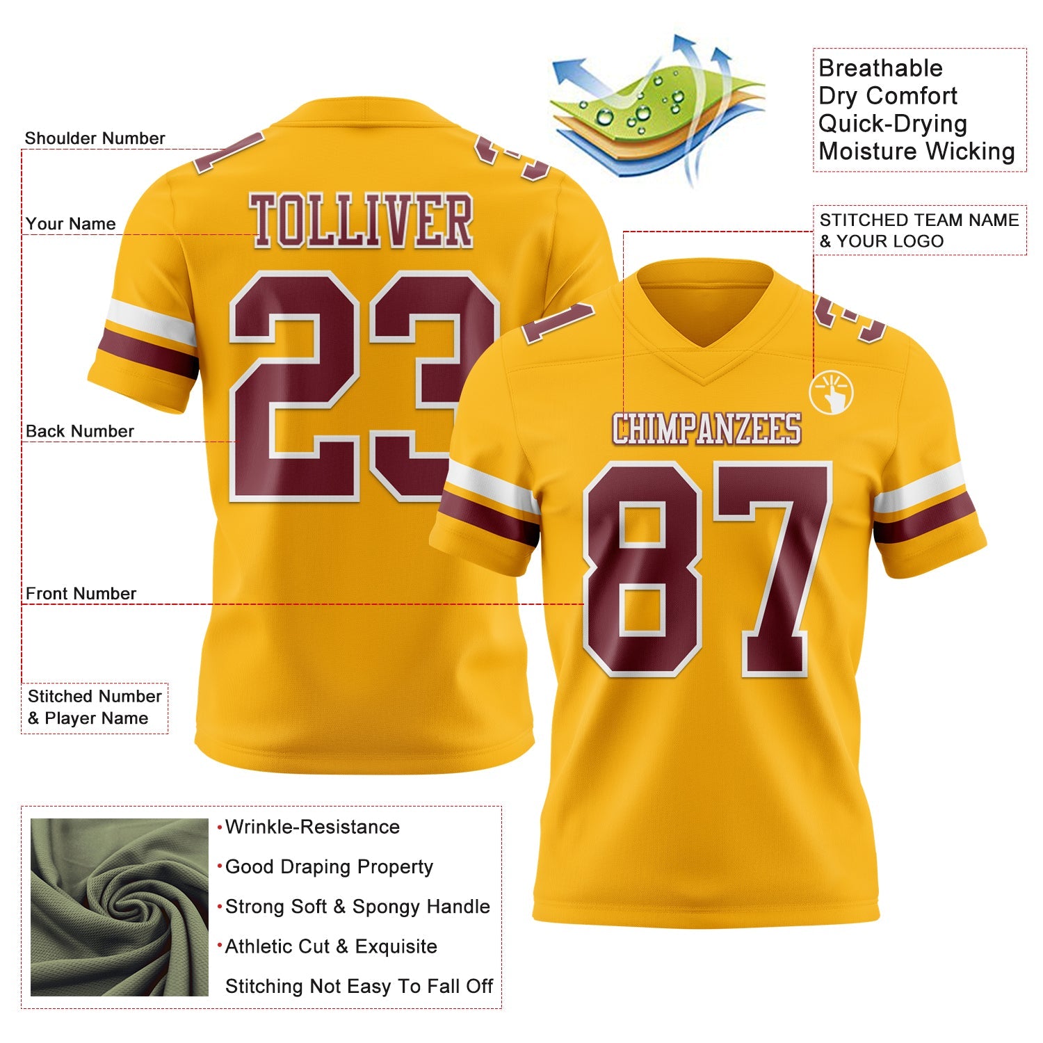 Custom Gold Burgundy-White Authentic Football Jersey