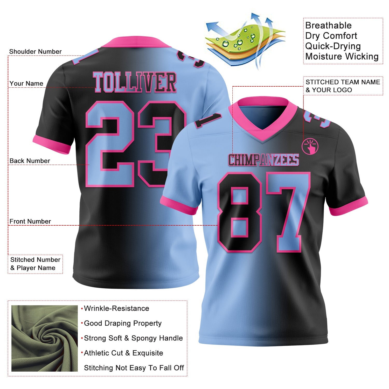 Custom Black Light Blue-Pink Authentic Gradient Fashion Football Jersey